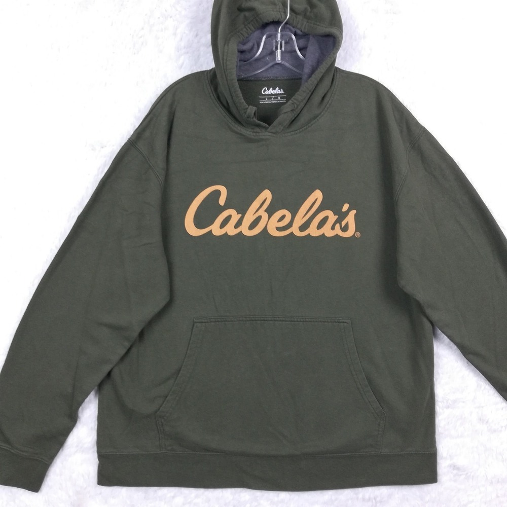 Cabela's Mens Sweatshirt Hoodie Army Green Kangaroo Big Print Spellout Mid‎ L